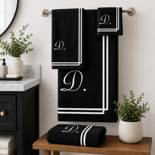 Modern Elegant Black & White Monogram Initial Bath Towel Set (Creator Uploaded)