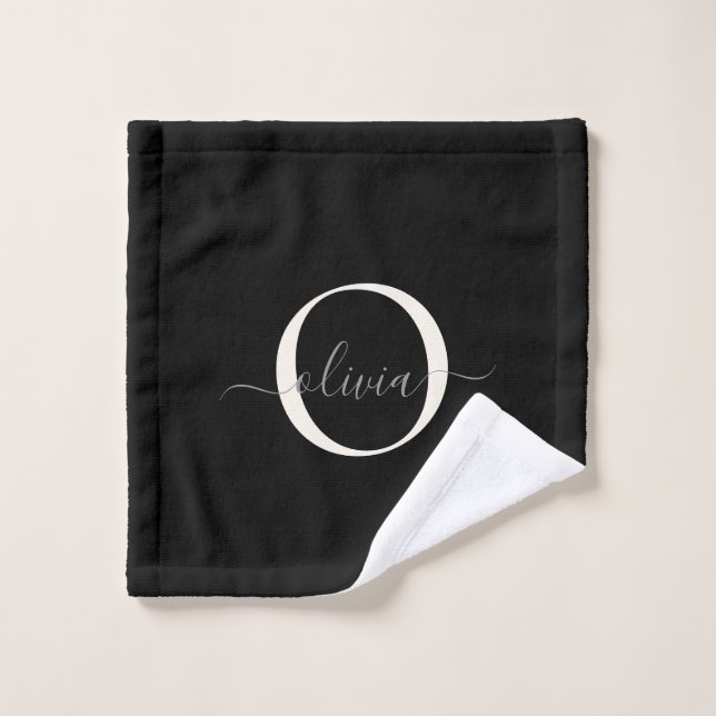 Modern Elegant Black White Monogram Script Bath Towel Set (Wash Cloth)