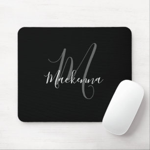 Modern Elegant Black White Monogram Script Girly Mouse Mat