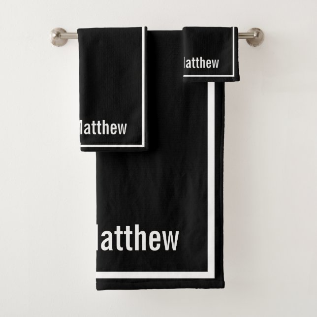 Modern Elegant Black &white Monogram Script Name Bath Towel Set (Insitu)
