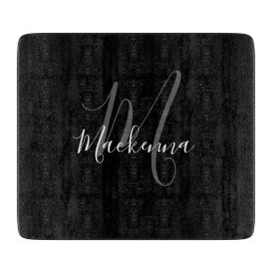 Modern Elegant Black White Monogram Script Name Cutting Board