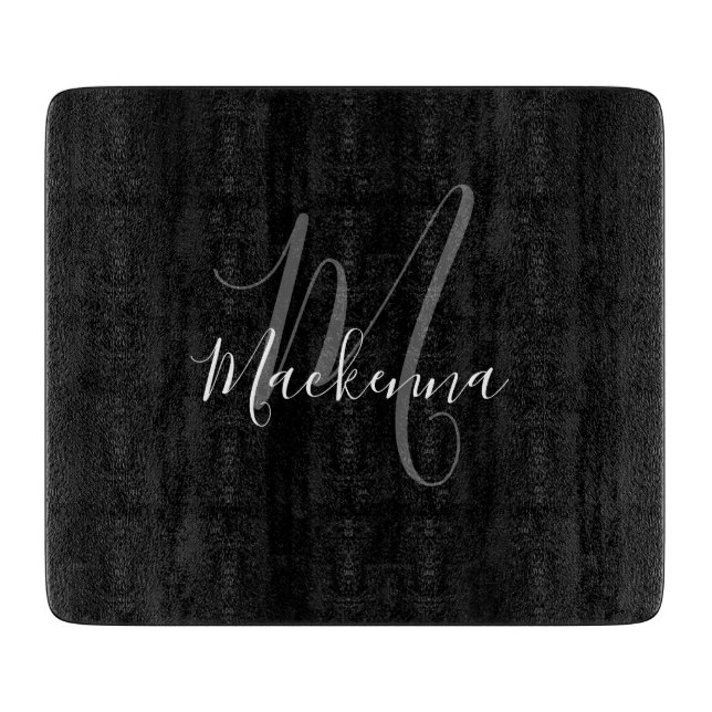Modern Elegant Black White Monogram Script Name Cutting Board (Front)