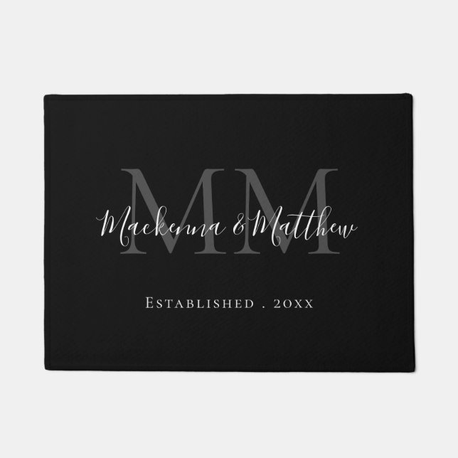 Modern Elegant Black White Newlywed Monogram Name Doormat (Front)