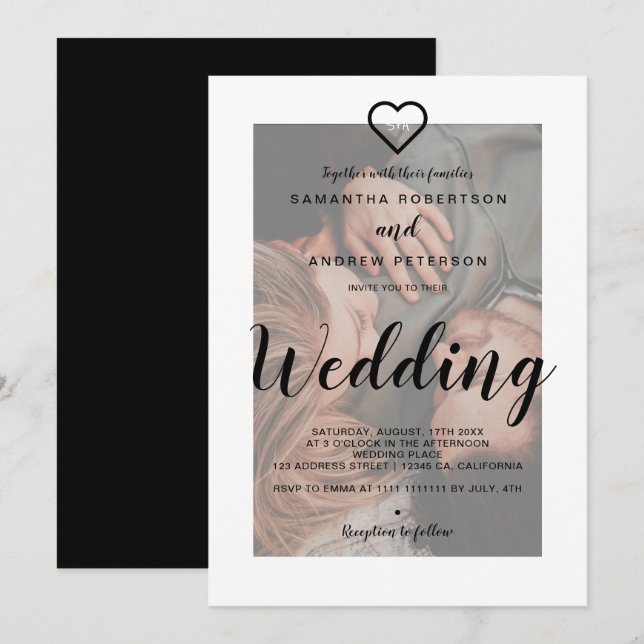 Modern elegant black white overlay photo wedding invitation (Front/Back)