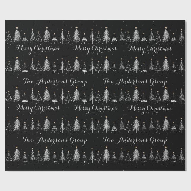 Modern Elegant Black & White Pine Trees Christmas Wrapping Paper (Flat)