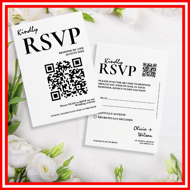 Modern Elegant Black & White QR Code Wedding RSVP Enclosure Card (Creator Uploaded)