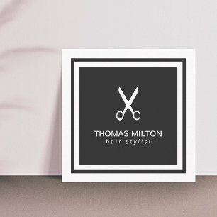 Modern Elegant Black White Scissor Hairstylist Square Business Card