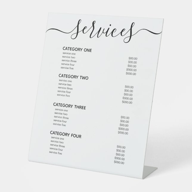 Modern Elegant Black & White Service Menu List  Pedestal Sign (Front)