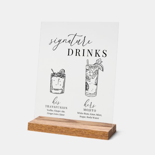 Modern Elegant Black & White Signature Drinks Acrylic Sign (Angle)