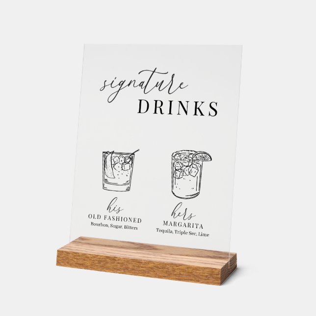 Modern Elegant Black & White Signature Drinks Acrylic Sign (Angle)