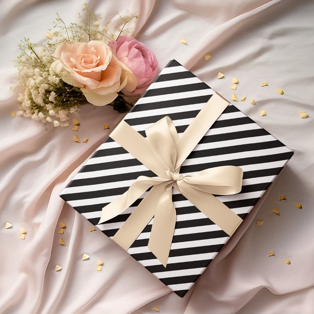 Modern Elegant Black White Stripes Gold Text Gift Wrapping Paper (White Gray Stripes Gold Text Christmas Birthday Wrapping Paper)