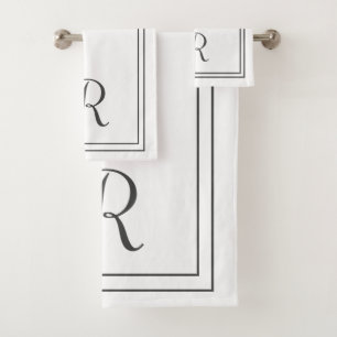 Modern Elegant Black & White Stripes Monogram Bath Towel Set
