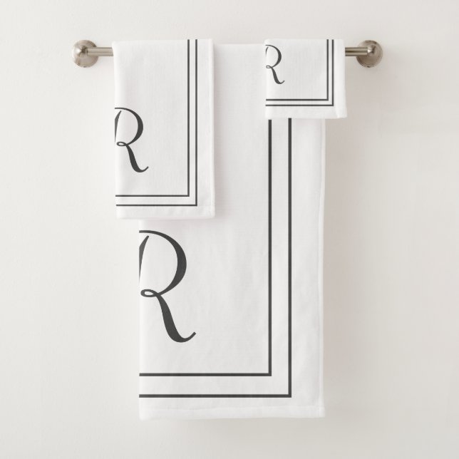 Modern Elegant Black & White Stripes Monogram Bath Towel Set (Insitu)