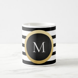 Modern Elegant Black White Stripes Monogram Coffee Mug