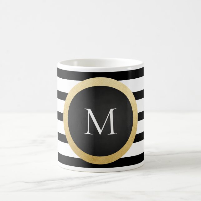 Modern Elegant Black White Stripes Monogram Coffee Mug (Center)