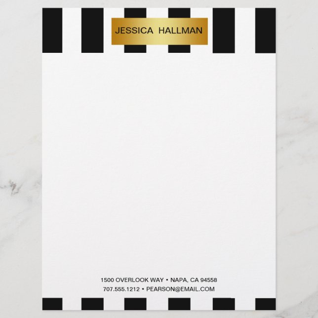Modern Elegant Black & White Stripes with Gold Bar Custom Letterhead (Front)