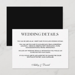Modern Elegant Black & White Wedding Details BL Invitation