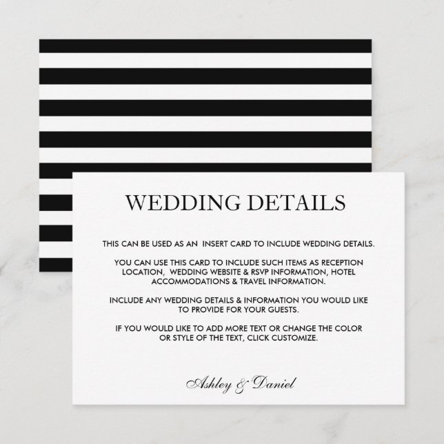 Modern Elegant Black & White Wedding Details ST Invitation (Front/Back)