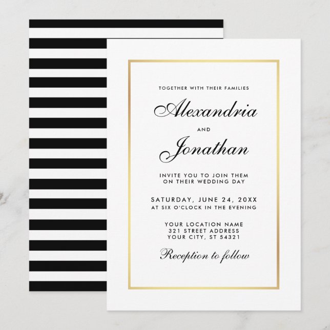 Modern Elegant Black White Wedding Invitation S (Front/Back)