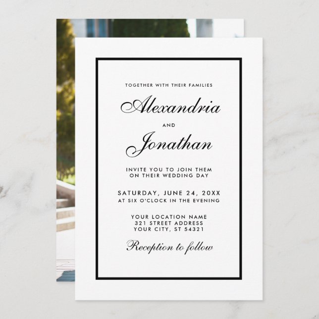 Modern Elegant Black & White Wedding Invite Photo (Front/Back)