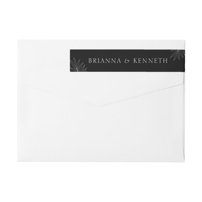 Modern Elegant Black with Leaf Wedding Wrap Around Label (Back)