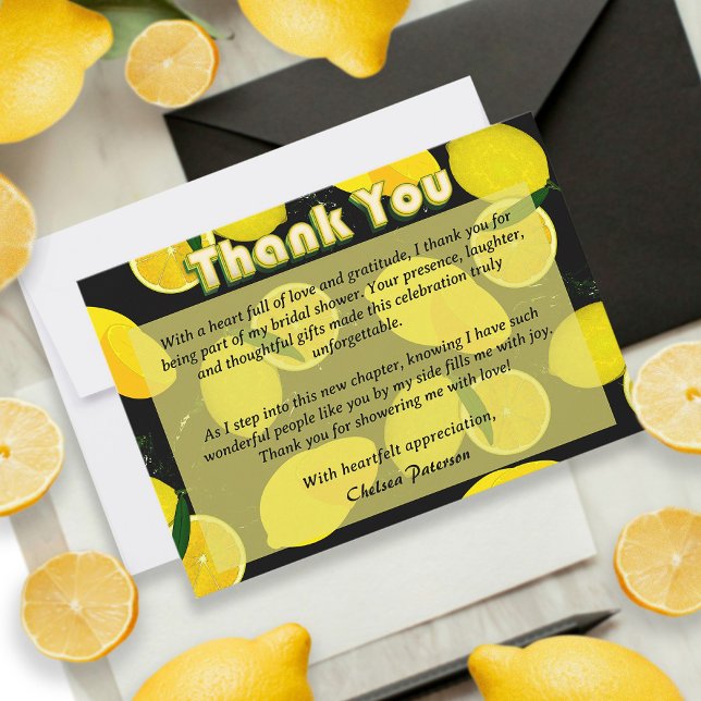 Modern Elegant Black & Yellow Lemon Bridal Shower  Thank You Card (Creator Uploaded)