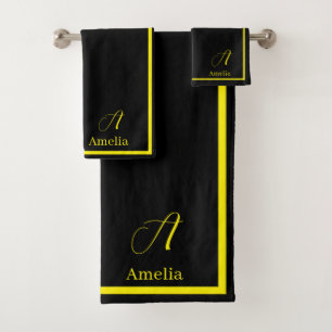 Modern Elegant Black Yellow Monogram Script Name  Bath Towel Set