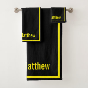 Modern Elegant Black Yellow Monogram Script Name Bath Towel Set