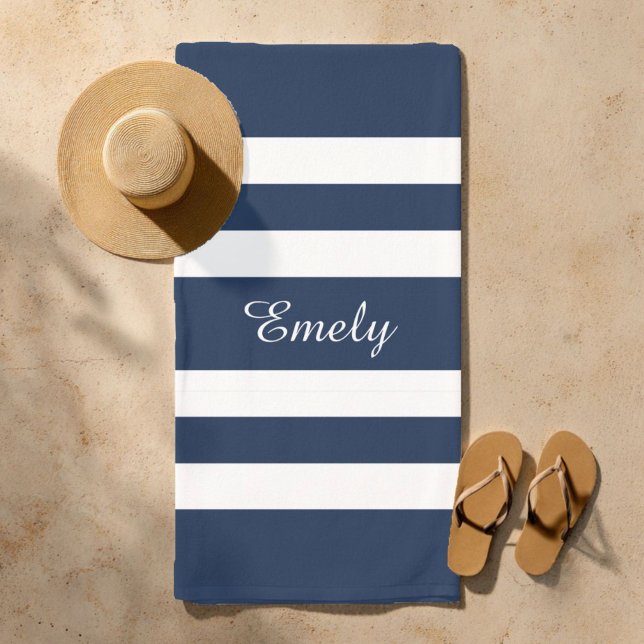 Modern Elegant Blue And White Stripes Pattern Name Beach Towel (Modern Elegant Blue And White Stripes Pattern Name Beach Towel)