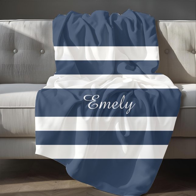 Modern Elegant Blue And White Stripes Pattern Name Fleece Blanket (Modern Blue Striped Name Fleece Blanket)