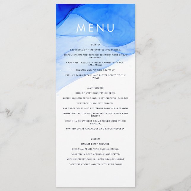 modern elegant blue and white wedding menu (Front)
