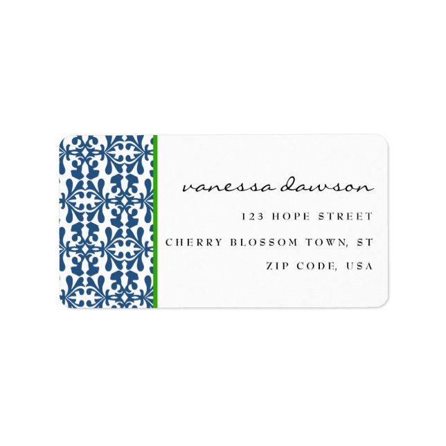 Modern Elegant Blue Arabesque Damask Personalised Label (Front)