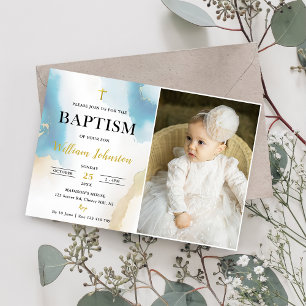 Modern Elegant Blue Baptism Photo Invitation
