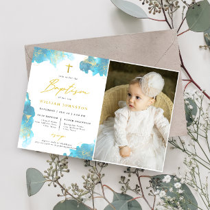 Modern Elegant Blue Baptism Photo Invitation