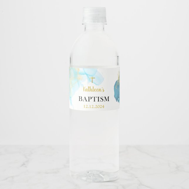 Modern Elegant Blue Baptism Water Bottle Label (Front)