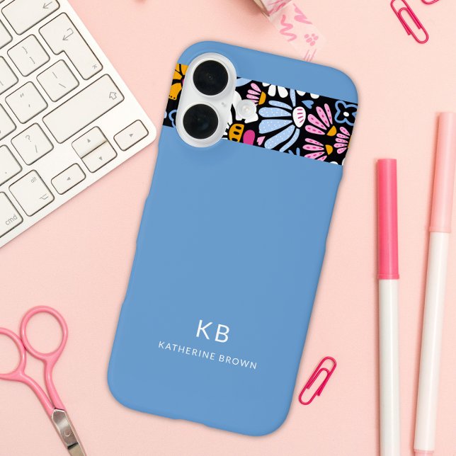 Modern Elegant Blue Black Floral Pattern  Case-Mate iPhone Case (Creator Uploaded)