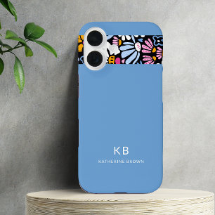 Modern Elegant Blue Black Floral Pattern iPhone 16 Case