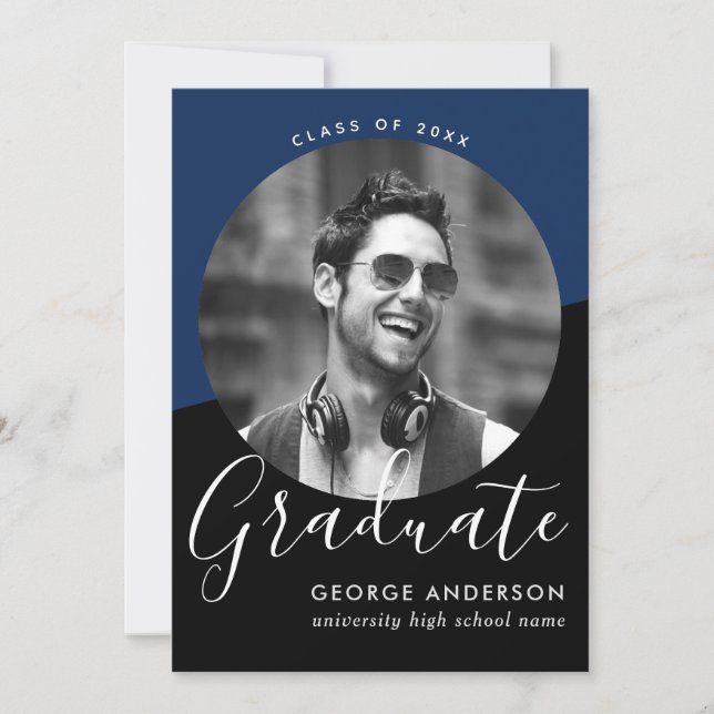 Modern Elegant Blue Black Photo Graduation Party Invitation (Front)