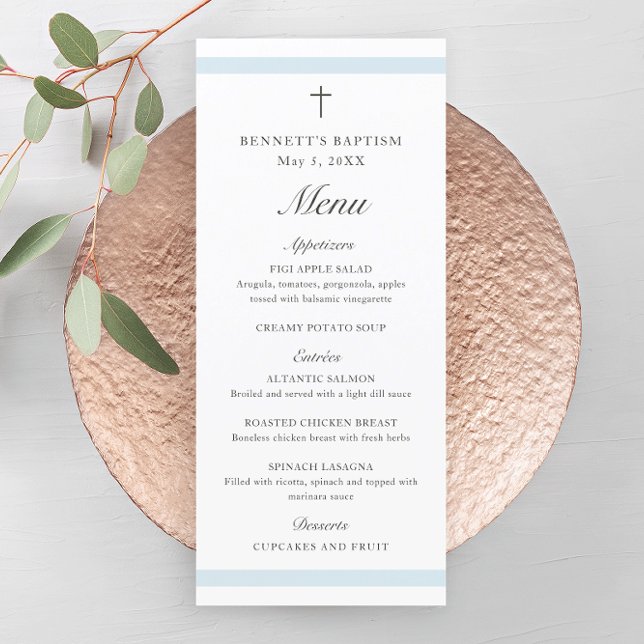 Modern Elegant Blue Boys Baptism Invitation (Modern boys baptism menu with script headlines and simple cross.)