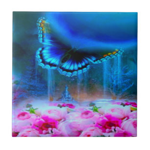 Modern elegant blue butterfly-pink rose design tile