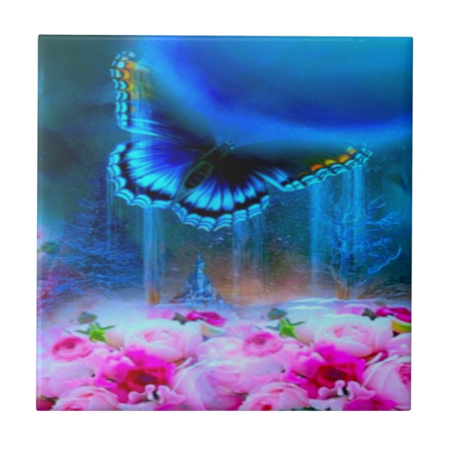 Modern elegant blue butterfly-pink rose design tile (Front)