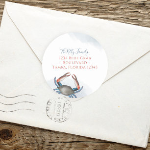 Modern Elegant Blue Crab Watercolor Return Address Classic Round Sticker
