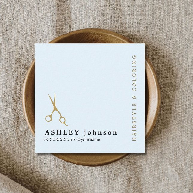 Modern Elegant Blue Faux Gold Scissor Hairdresser  Square Business Card (Creator Uploaded)