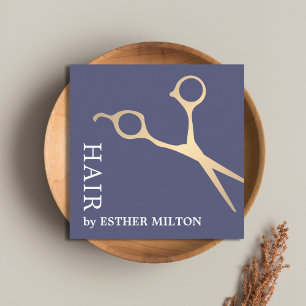 Modern Elegant Blue Faux Gold Scissors Hairdresser Square Business Card