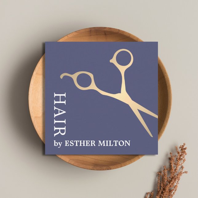 Modern Elegant Blue Faux Gold Scissors Hairdresser Square Business Card (Creator Uploaded)