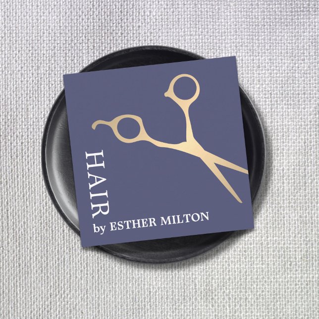 Modern Elegant Blue Faux Gold Scissors Hairdresser Square Business Card (Creator Uploaded)