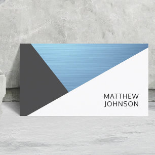 Modern Elegant Blue FauxMetal White Grey Geometric Business Card