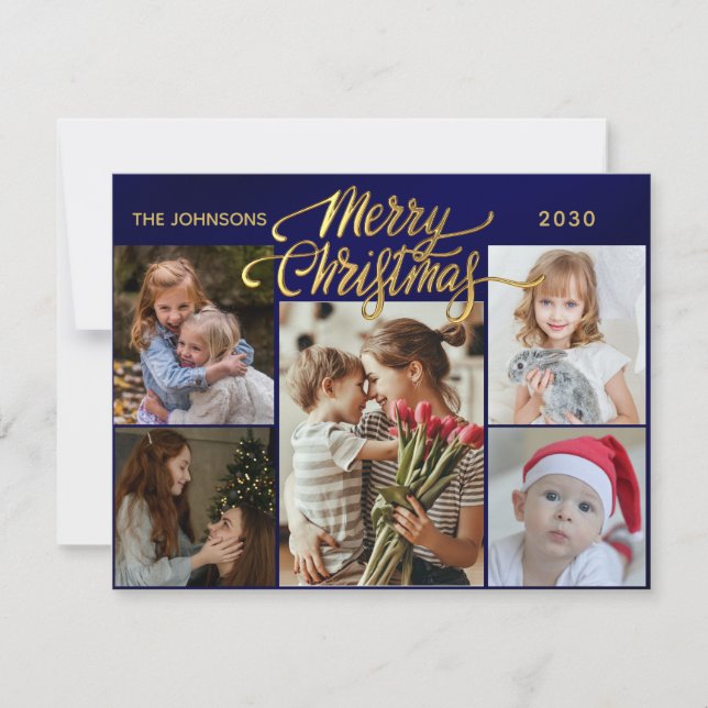 Modern Elegant Blue Five Photo Collage Christmas  Holiday Card (Front)