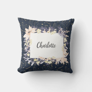 Modern Elegant Blue Floral Christmas  Cushion