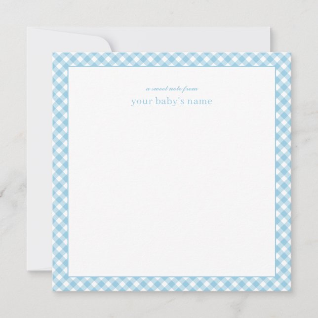 Modern Elegant Blue Gingham Baby Nursery Note Card (Front)